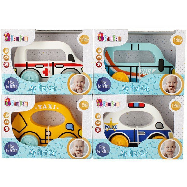 Jucarie masinuta de tras / impins, Bam Bam - ''Prima mea masina'', mix, 19x14x8 cm, 18+ luni