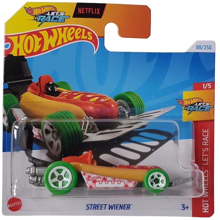 Masinuta metalica Hot Wheels, Street Wiener, Galben cu Verde, Seria Let's Race, 1:64