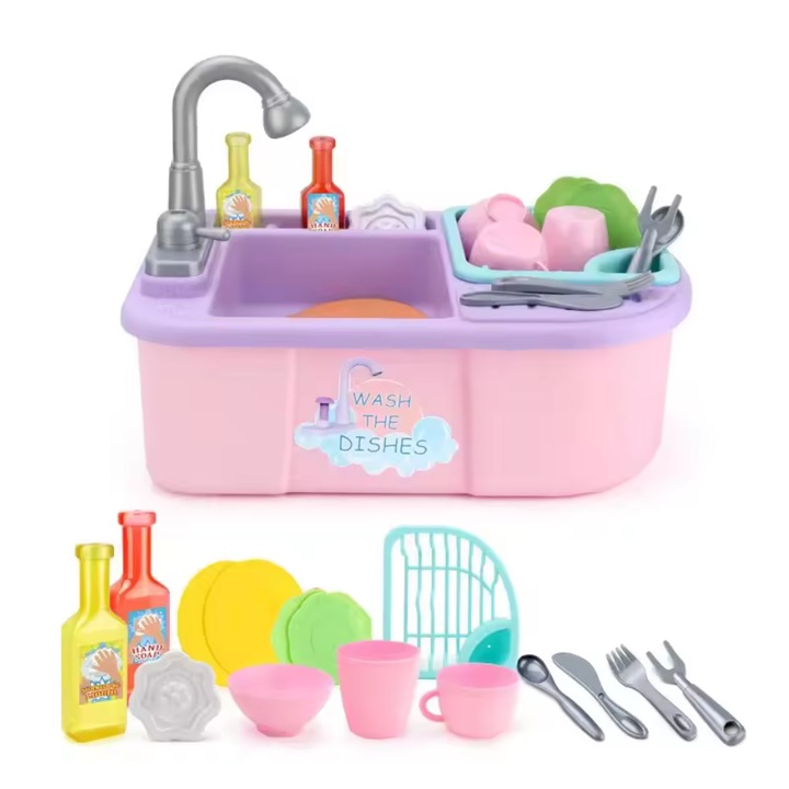 Játékmosogató vízpumpával + tartozékok, rózsaszín, 40x26x33 cm