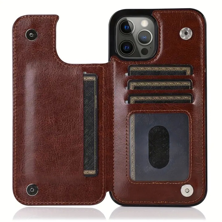 Husa telefon tip portofel pentru iPhone 13, suport card, inchidere magnetica, rezistenta la socuri, rosu trandafir