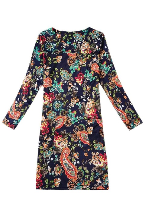 Rochie dama, JUP, Maneca lunga, Floral, Buzunare, Nasture, Poliester, Multicolor, L