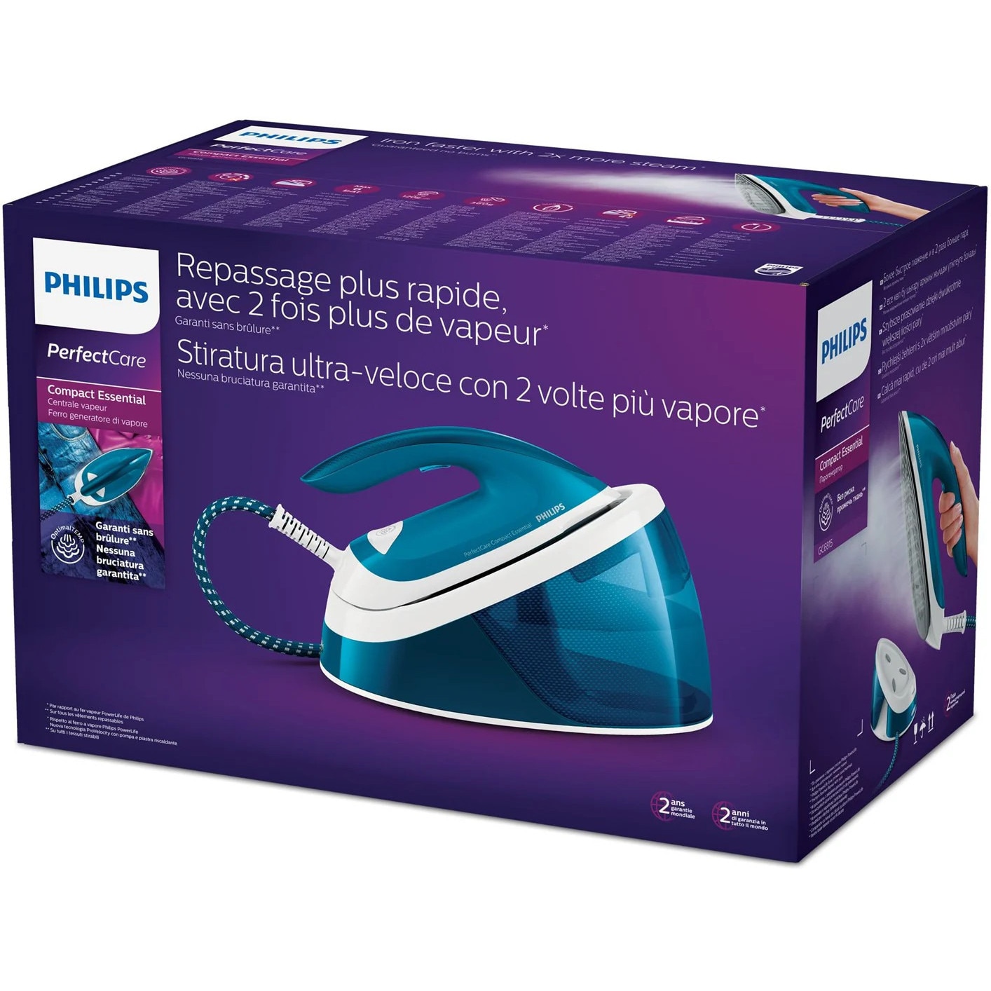 Statie de calcat cu abur GC6815/20, 2400W, 1.3 l, 6 bar, 360 g/min, Smart Calc Clean, OptimalTEMP, Albastru