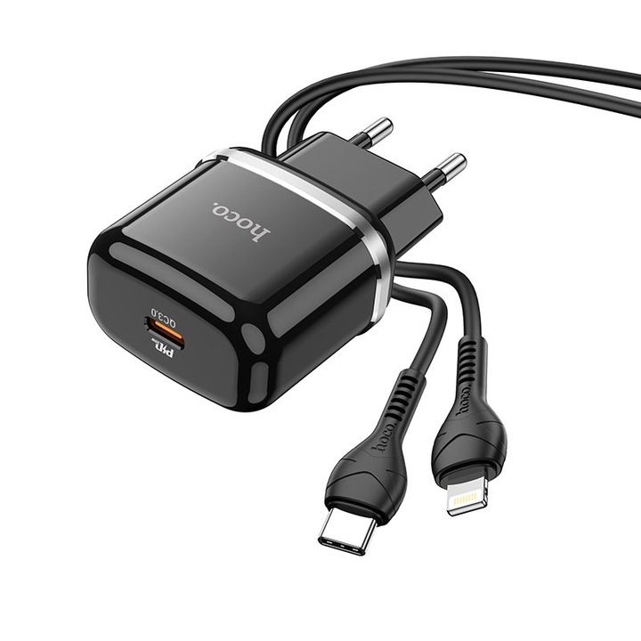 HOCO зарядно Omni Type C PD 20W Fast Charge Victorious с кабел за iPhone Lightning 8-pin N24, черно