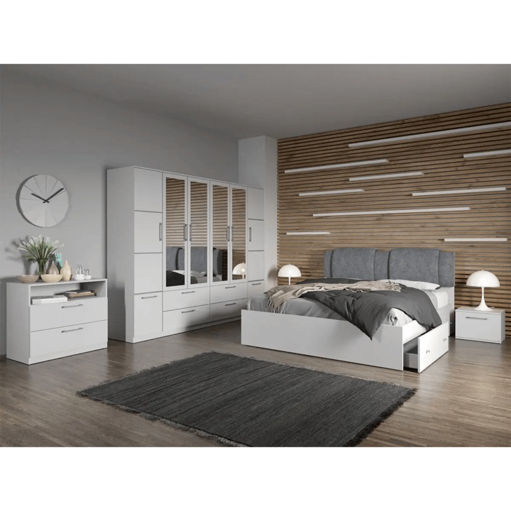 Set dormitor, Alb plus Comoda, Acapulco, C20, Dulap, Pat 160x200, Noptiere