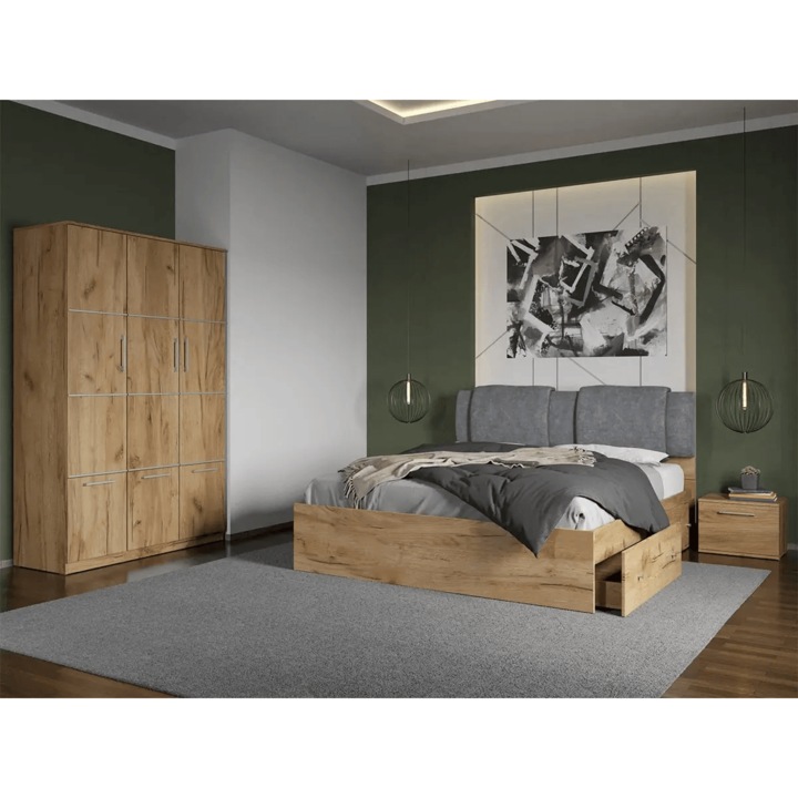 Set dormitor, Stejar Auriu, Acapulco, C21, Dulap, Pat 160x200, Noptiere