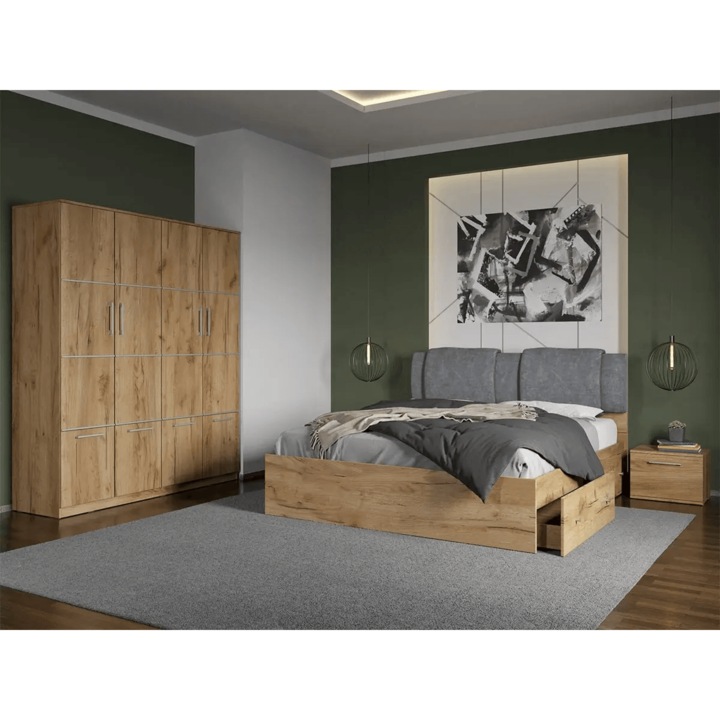 Set dormitor, Stejar Auriu, Acapulco, C25, Dulap, Pat 160x200, Noptiere