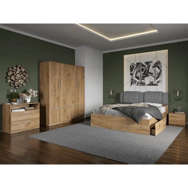 Set dormitor, Stejar Auriu plus Comoda, Acapulco, C26, Dulap, Pat 160x200, Noptiere