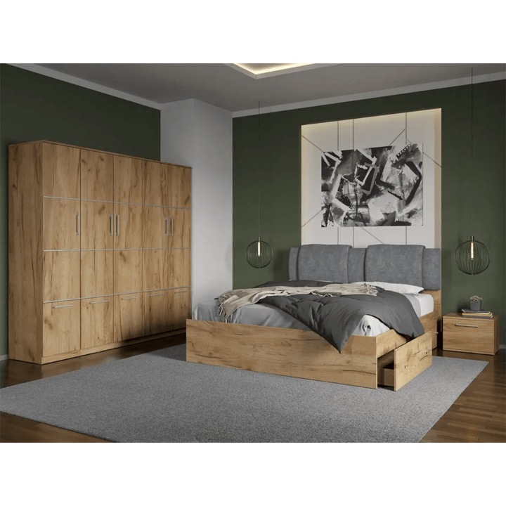 Set dormitor, Stejar Auriu, Acapulco, C29, Dulap, Pat 160x200, Noptiere
