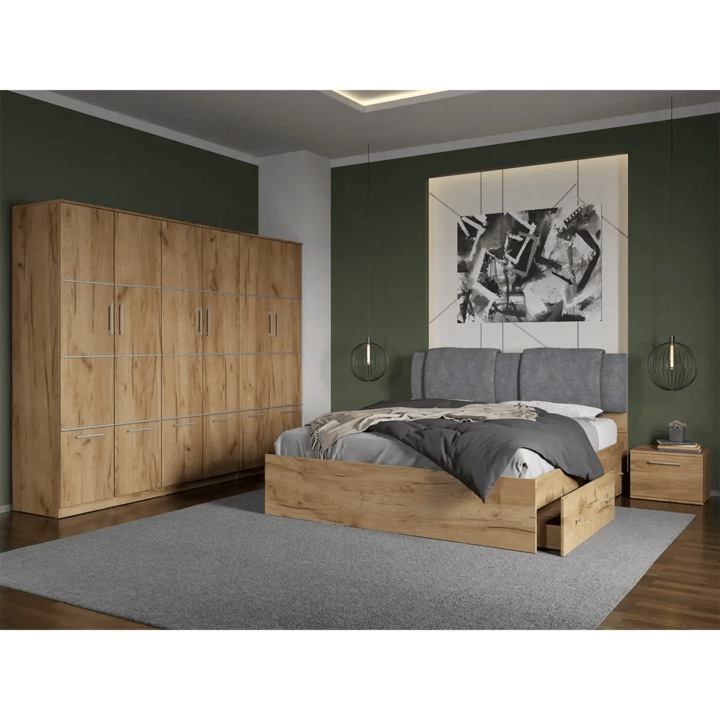 Set dormitor, Stejar Auriu, Acapulco, C33, Dulap, Pat 160x200, Noptiere
