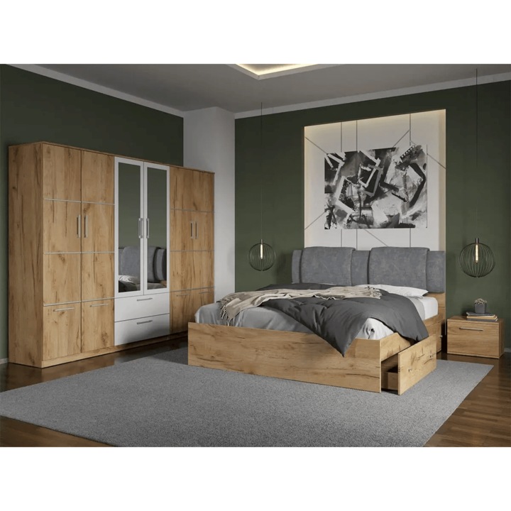 Set dormitor, Stejar Auriu, Acapulco, C35, Dulap, Pat 160x200, Noptiere