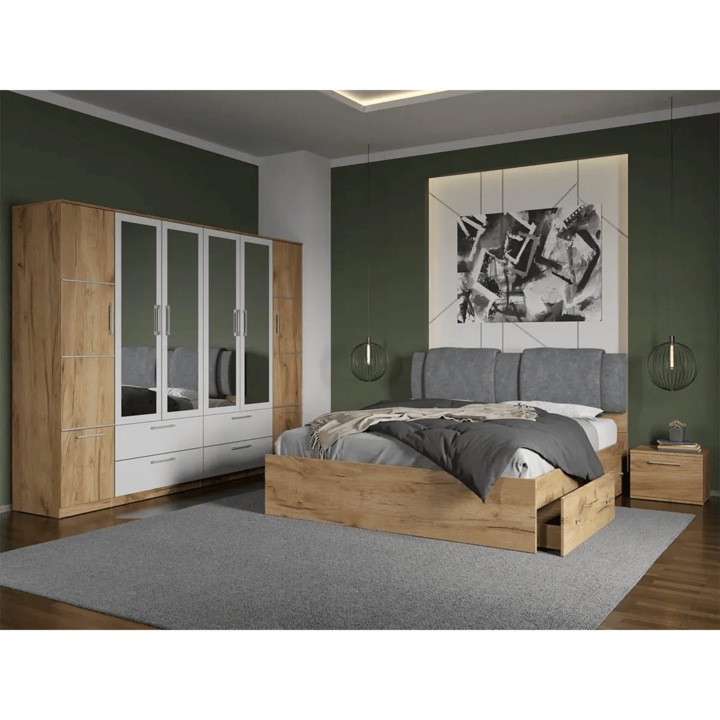 Set dormitor, Stejar Auriu, Acapulco, C39, Dulap, Pat 160x200, Noptiere
