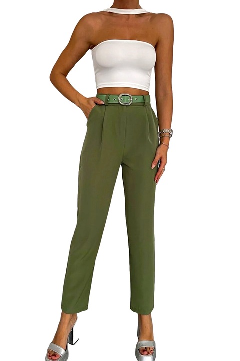 Pantaloni eleganti Malon, cu pense si curea asortata, Verde