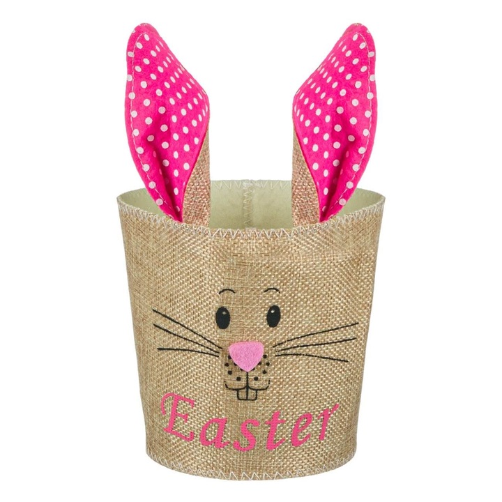 Cos decorativ de Paste Shopiens® din pasla, cu model iepure cu urechi roz cu buline si stofa de in bej, 13 x 21 cm