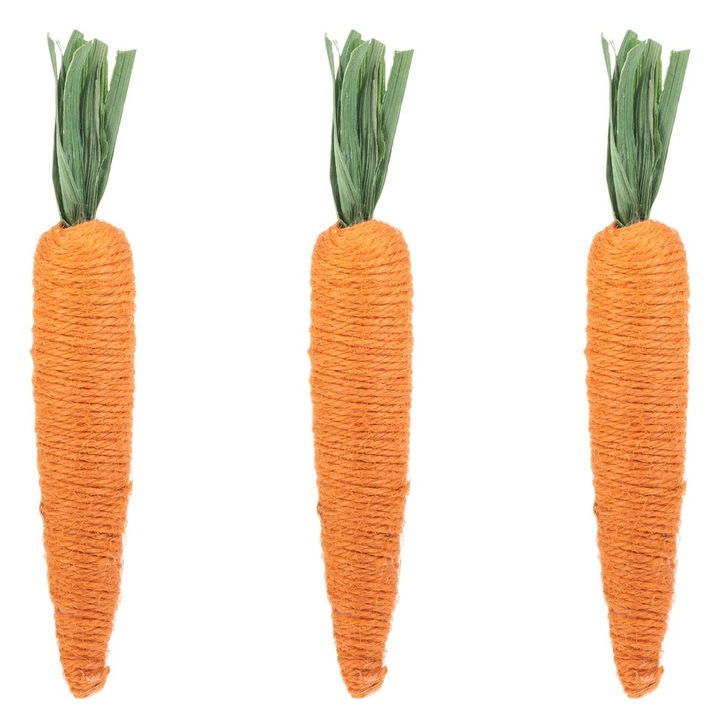 Set 3 morcovi decorativi de Paste Shopiens®, din spuma infasurati cu sfoara portocalie si tulpini verzi, 16 cm