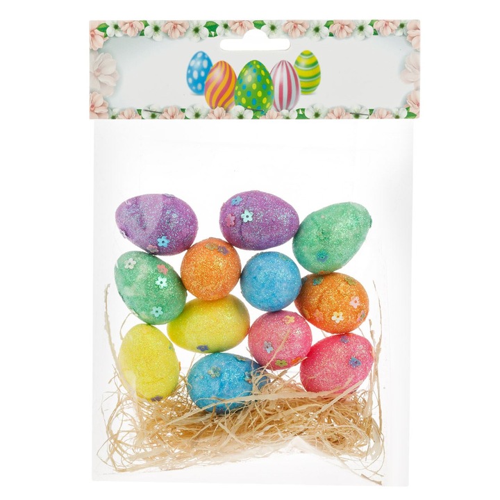 Set 12 oua decorative de paste din spuma Shopiens® si iarba, de culori vii, cu glitter si flori mic, 3.5 cm