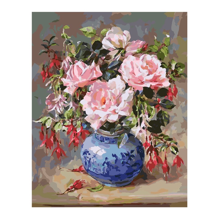 Set pictura pe numere Trandafiri roz in vaza 4389, panza bumbac pe rama lemn, 40x50 cm, tablou cu schita, 3 pensule si vopsea acrilica