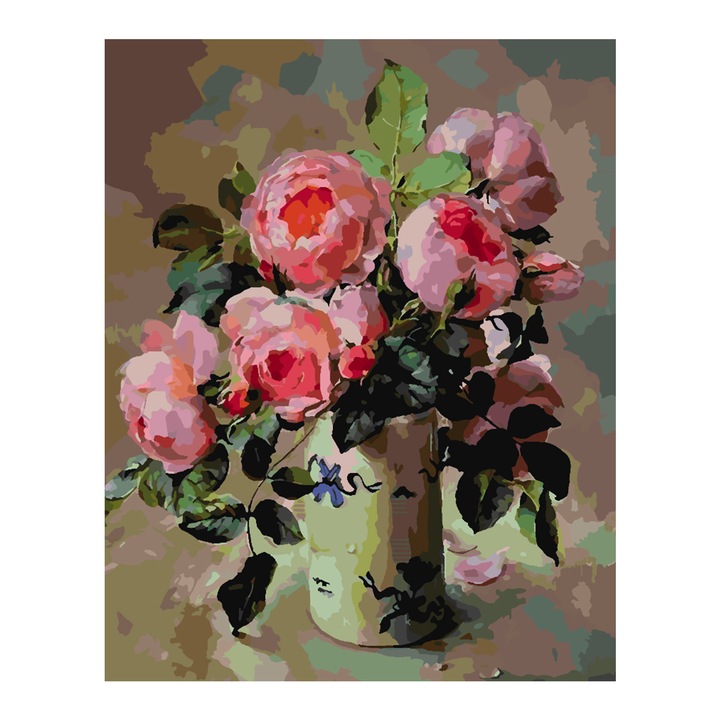 Set pictura pe numere Bujori roz in vaza 4391, panza bumbac pe rama lemn, 40x50 cm, tablou cu schita, 3 pensule si vopsea acrilica