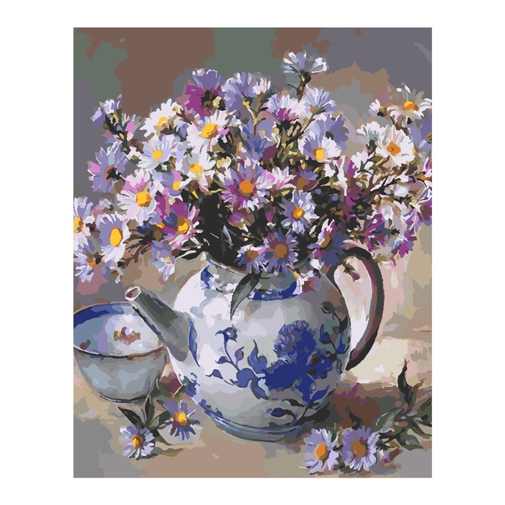 Set pictura pe numere Flori in ceainic 4392, panza bumbac pe rama lemn, 40x50 cm, tablou cu schita, 3 pensule si vopsea acrilica