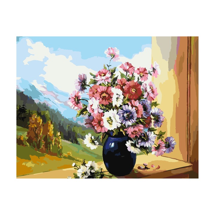 Set pictura pe numere Flori la peisaj muntos 4396, panza bumbac pe rama lemn, 40x50 cm, tablou cu schita, 3 pensule si vopsea acrilica