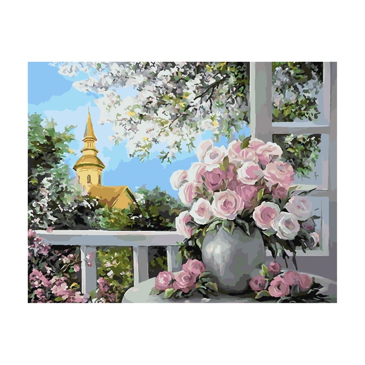 Set pictura pe numere Trandafiri roz 4397, panza bumbac pe rama lemn, 40x50 cm, tablou cu schita, 3 pensule si vopsea acrilica
