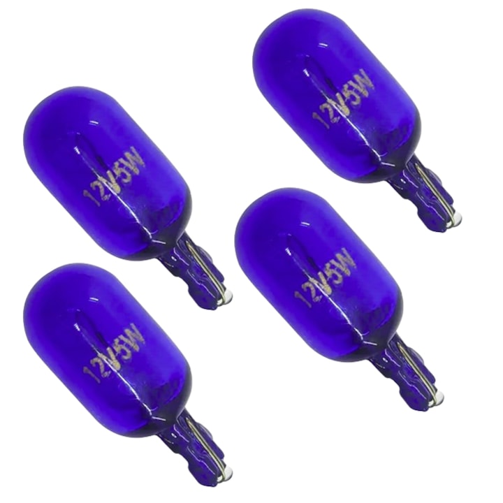 Set 4 becuri Ventoo®, din sticla, soclu T10, W5W, pentru lampa numar, pozitie auto, plafoniera interior, 12V, canbus, fara eroare de bec ars, model Xenon Look, alb