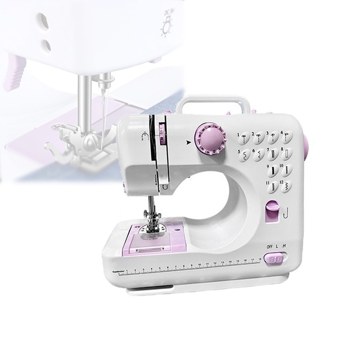 Mini masina de cusut portabila, Accesorii incluse, Iluminare LED, Pedala de picior, Cu cusatura inversa si 12 butoane de cusatura incorporate, Alb