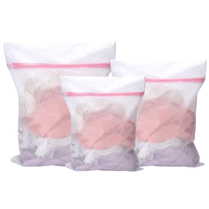 Set 3 Saculet pentru rufe delicate si lenjerie intima, cu rol de protectie pentru haine sensibile in masina de spalat si uscator, 30/40/50 cm, enkourakoko®, Alb