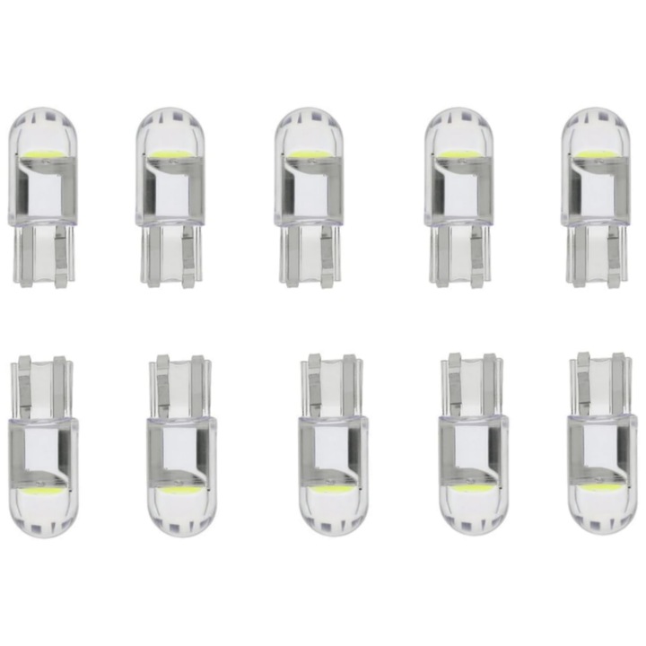 10 db LED-es izzókészlet, DC12V / T10 / W5W, Fehér fény, műszerfalhoz, környezeti világítás, parkolásérzékelő, enkourakoko®, átlátszó fehér