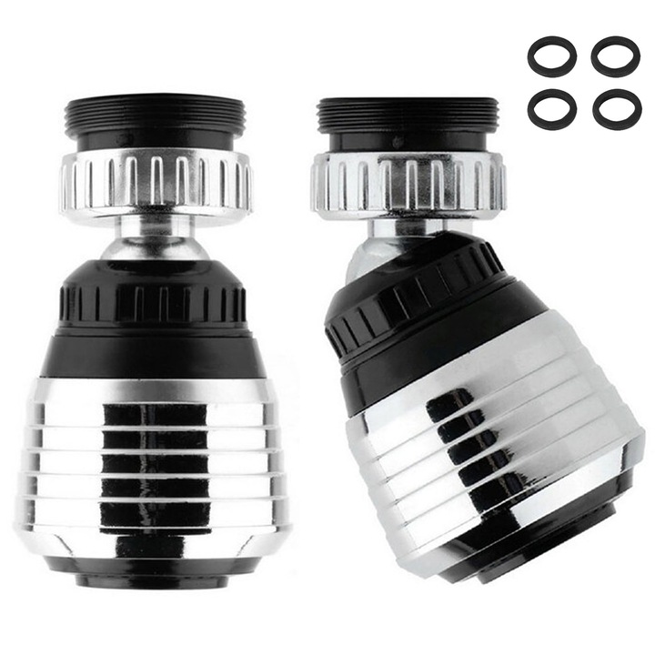 Set 2 adaptor flexibil pentru chiuveta, Axroad Mall, 2 moduri de ajustare al jetului, Rasucirea si rotirea la 360 de grade, Usor de instalat, Pentru robinet bucatarie sau baie, ABS, 21 x 52 x 36 mm, Argintiu/negru