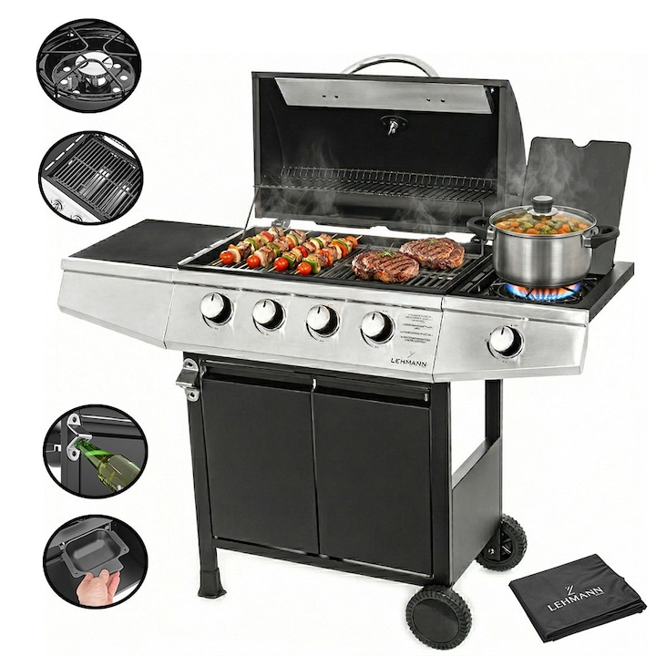 Gratar pe gaz cu 4+1 arzatoare, Lehmann Ohio, termometru incorporat, suprafata de gratar 33x66cm, husa gratar, furtun si regulator incluse, 128x50x102cm, fonta, negru