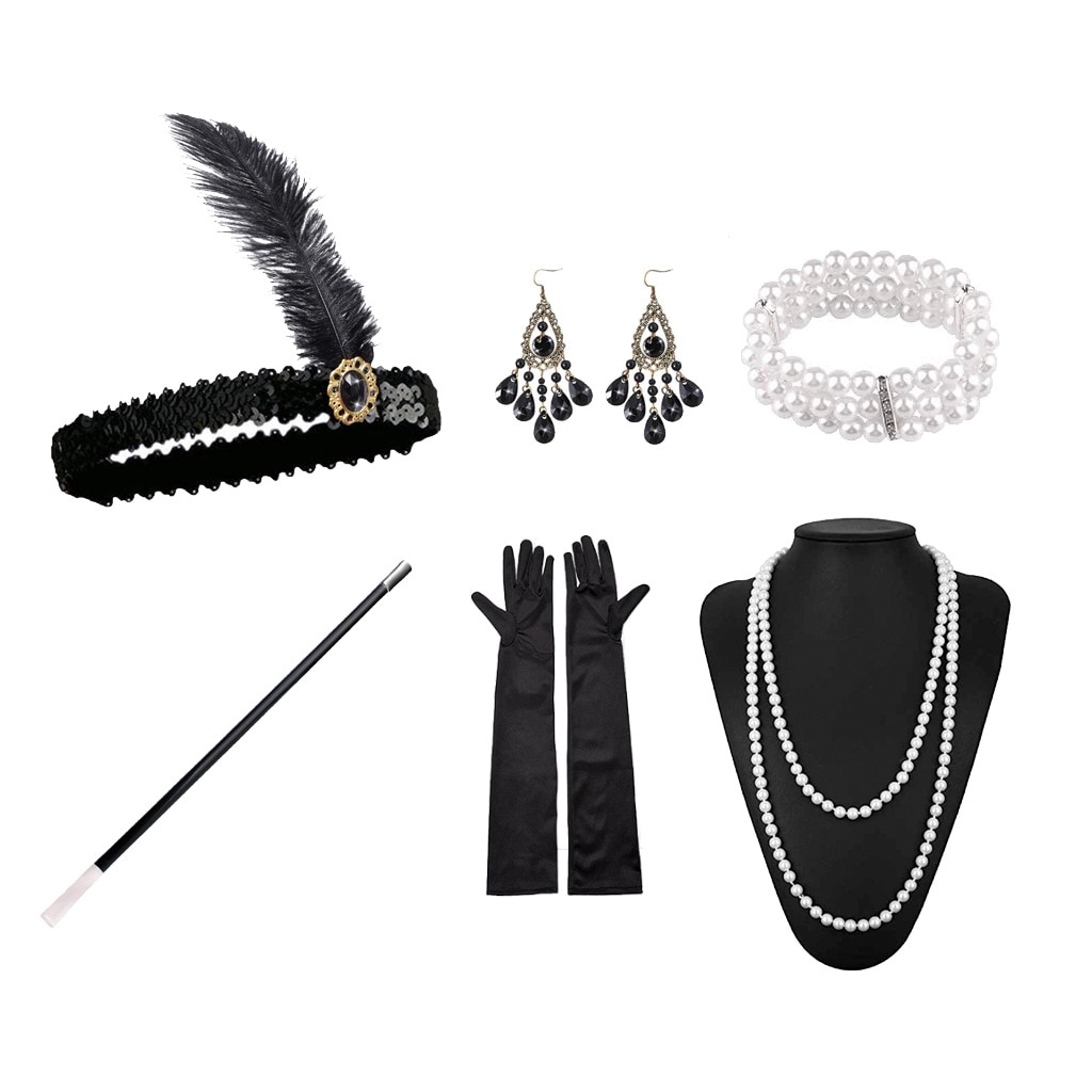 Set accesorii petrecere Anii 20, JENUOS®, format din 6 piese, bentita ...