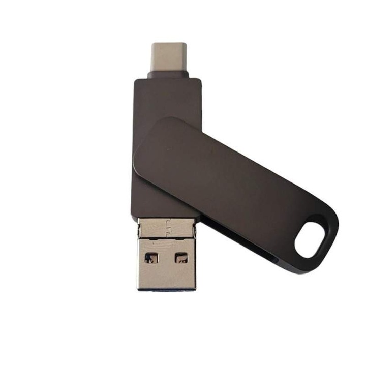 Stick Memorie SIKS Din Metal 4 In 1, Capacitate 128 GB, Cu USB 3.0, Type-C, USB C Si Lightning, Rotativ 360⁰, Waterproof, Compatibil Cu Telefon/Dispozitive Cu Port Type C, Lightning Si USB C, Compatibilitate OTG, High Speed, Negru