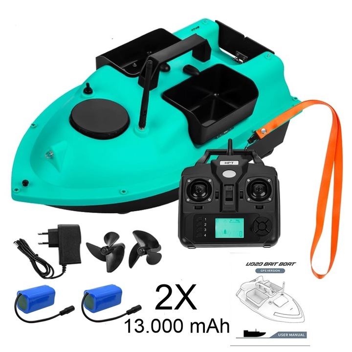 Barcuta pescuit 2x13000 Mah navomodel plantat momeala, GPS 16 memorii, raza 500m, 3 cuve, baterie Lithiu, iluminata, 2 kg incarcare, Albastru Turcoaz