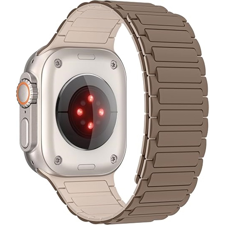 Curea silicon CLOOPER™, sport Loop Design, magnetica, compatibila cu Apple Watch Ultra/SE/9/8/7/6/5/4/3, Display 49/45/44/42 mm, Maro/Starlight