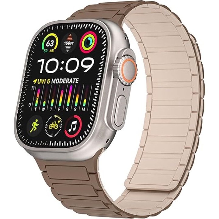Curea silicon CLOOPER™, sport Loop Design, magnetica, compatibila cu Apple Watch Ultra/SE/9/8/7/6/5/4/3, Display 49/45/44/42 mm, Maro/Starlight