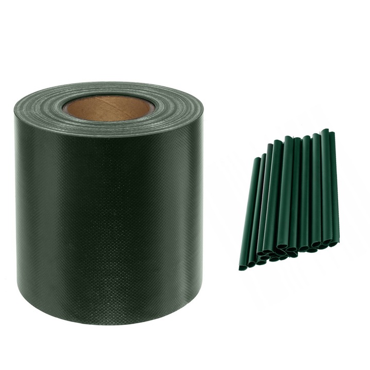 Banda decorativa pentru ingradire garduri, Zola, PVC rezistent, 630g/m2, 19 x 3500 cm, include 25 de clipsuri, verde