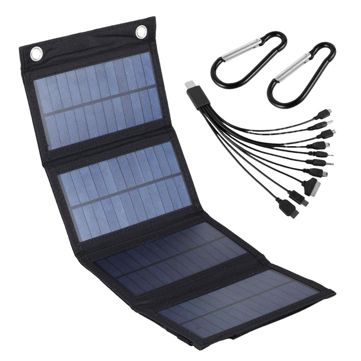 Мини соларен панел, за къмпинг, USB, 5V, Водоустойчив, Сгъваем, WALALLA, Черен