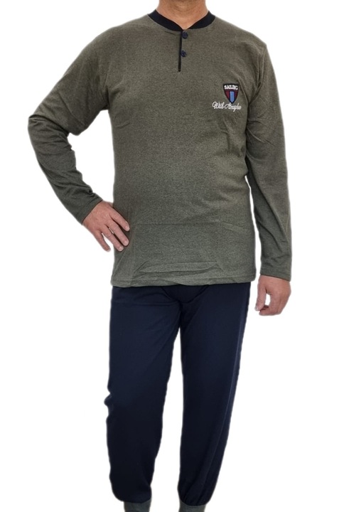 Pijama barbati, cu doi nasturi, bumbac 100%, verde/bleumarin, XL INTL