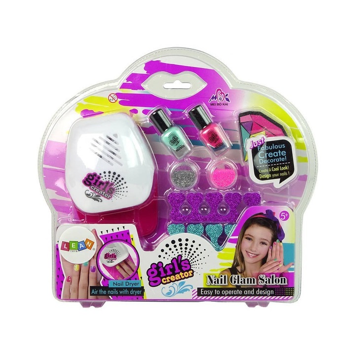 Детски комплект за маникюр Leantoys, UV лампа, 2 лака, брокат, розово/зелено, 10x14x6 см
