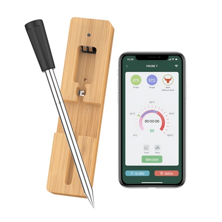 Termometru Wireless Smart BBQ pentru Gratar / Cuptor, ETERNIXY®, conexiune prin Bluetooth, Aplicatie dedicata cu Afisare a Temperaturii, compatibil iOS si Android, Rezistent la apa si temperaturi ridicate, Incarcare USB, suport lemn