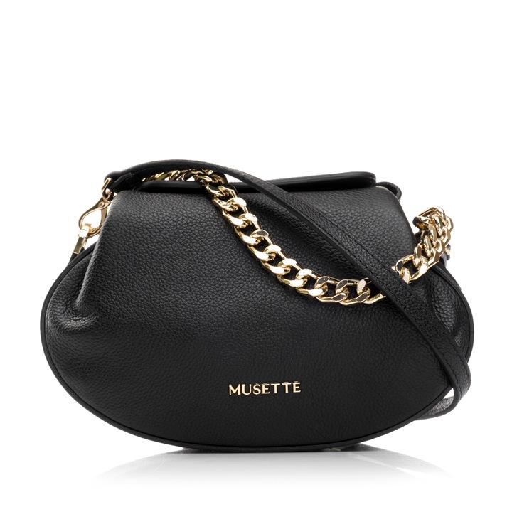 Geanta dama, Musette ZAIRA, Piele naturala, negru, 40 x 30.5 x 13 cm