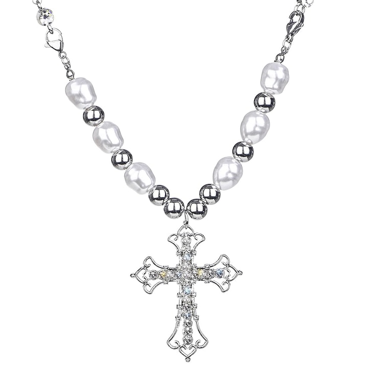 Colier cu pandantiv lung cruce cu stras celtic, imitatie de perle, colier cu margele argint pentru femei si fete