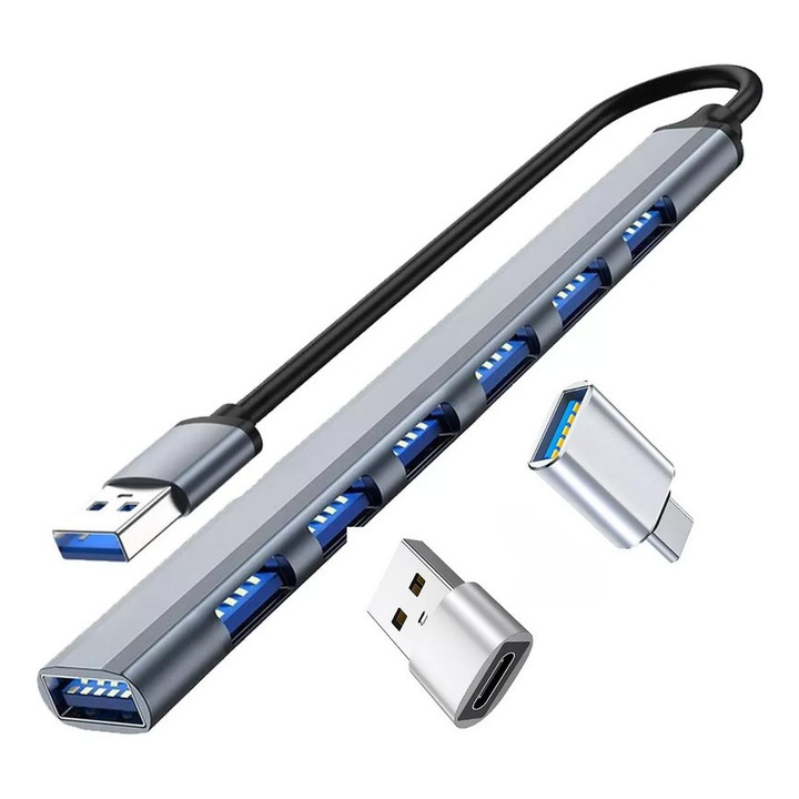 Hub adaptor 7 in 2, TGBLNTS, adaptor multiport USB A/ USB C la 1 x USB 3.0, 6 x USB 2.0, carcasa aluminiu, pentru imprimanta, mouse, tastatura, telefon, tableta, gri