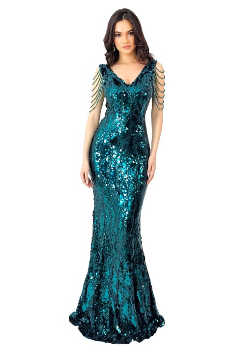 Величествена рокля за събитие, с пайети, кристали и кройка тип русалка, Морско зелено