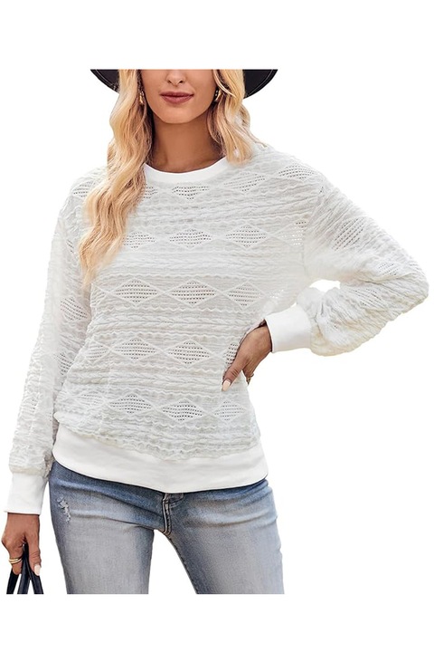 Bluza tricotata, cu maneca lunga, cu gat rotund, alb, Generic, Alb