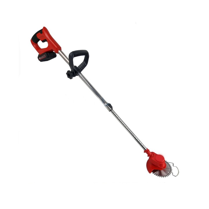 Електрическа косачка SIKS с 48V батерия, регулируемо рамо, 2 ножа, 1 режещ диск, 18000 RPM, 2-3 часа автономност, червена