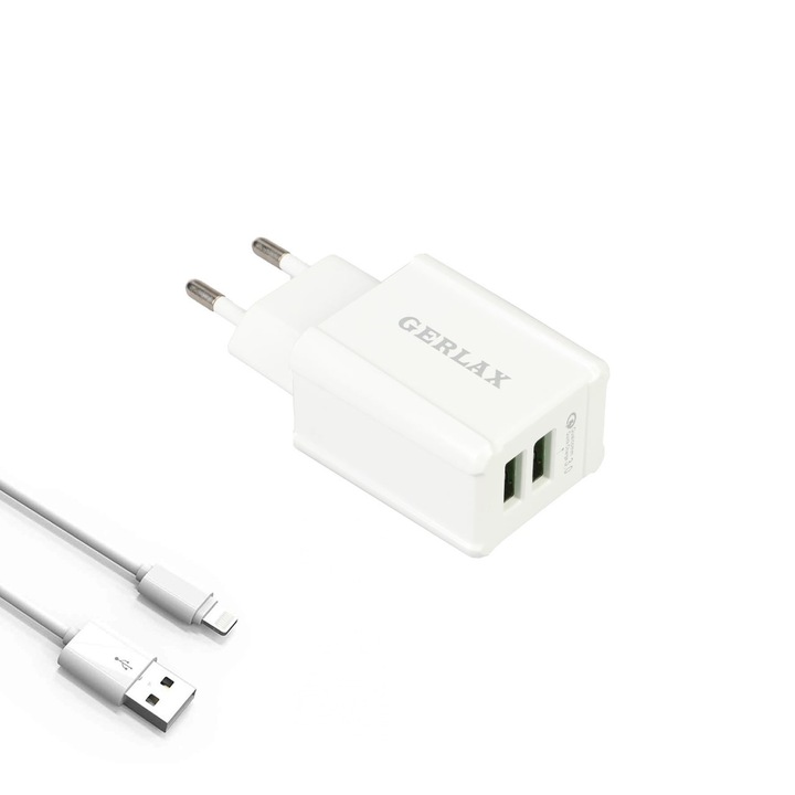 Зарядно устройство FastCharging Socket с 2 USB порта 2.4A Lighting, Съвместимо с Iphone, Apple, Бяло, Gerlax