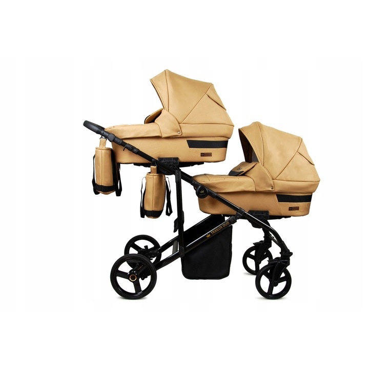 Carucior multifunctional BabyLux TRAILUX DUO ALU 4 in 1 pentru gemeni, landou, scaun auto ISOFIX, tesatura Sand Pearl durabila, siguranta EN 1888-1:2018+A1:2022, ECE R129/03