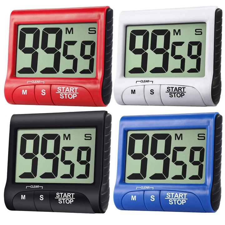 Set 4 Timere digitale de bucatarie QttvbTna, afisaj mare, alarma puternica, multicolor, 82x72x28mm