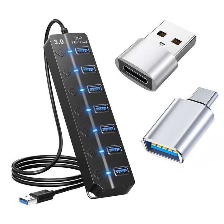 Hub USB 3.0, 7 in 1, comutator independent, HUB USB 7 porturi, interfata de alimentare DC 5V standby, TGBLNTS, 120cm, negru